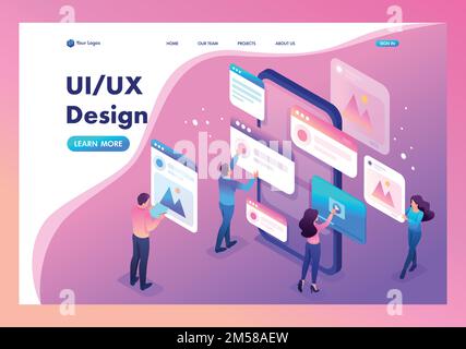 Isometric bright concept the process of creating an application design, UI UX. Template Landing page. Stock Vector