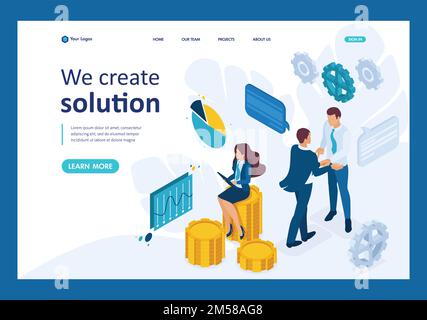 Isometric Business concept of teamwork to create a solution. Template Landing page. Stock Vector
