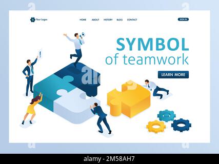Isometric people connecting puzzle elements. Symbol of teamwork. Template landing page. Stock Vector