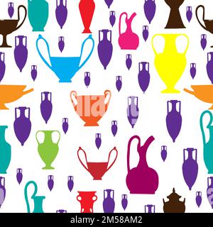 Seamless colorful pattern with amphora and ancient pottery for shirts and wrapping paper, vector Stock Vector