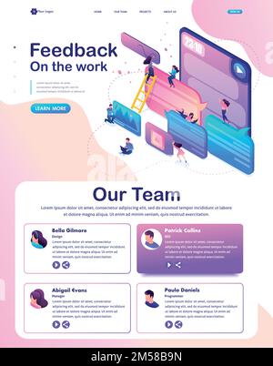 Isometric Website Template Landing page bright concept users write comments, recall and feedback about services. Stock Vector