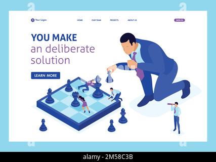 Isometric big business makes an informed decision, chess game, growth strategy. Website Template Landing page. Stock Vector
