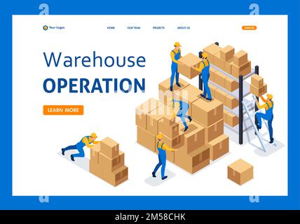Isometric Workers in a warehouse collect boxes, warehouse work. Template Landing page. Stock Vector