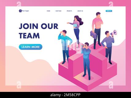 Isometric bright concept join our team, we need professionals. Template Landing page. Stock Vector
