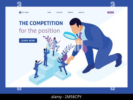 Isometric competitive struggle for career growth, businessman looks at candidates through a magnifying glass. Website Template Landing page. Stock Vector