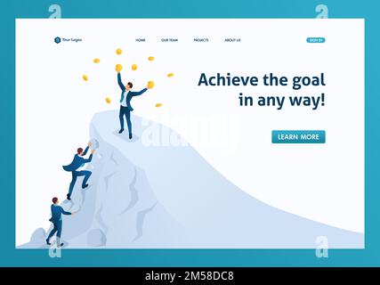 Isometric to achieve success, to achieve the goal, to be on top of the mountain. Template landing page. Stock Vector