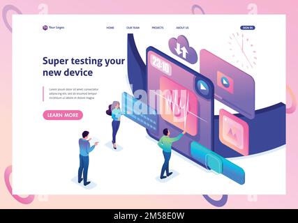 Isometric bright concept the team is testing a new device, the smart watch. Template Landing page. Stock Vector