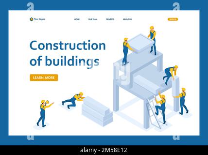 Isometric team of builders create a building, workers help each other. Template Landing page. Stock Vector