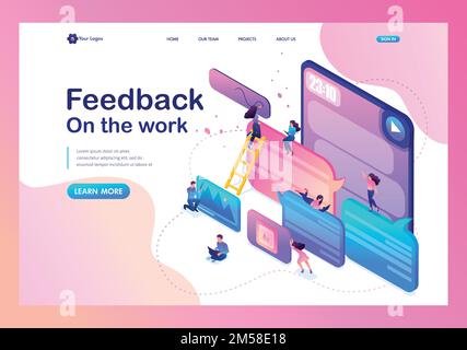 Isometric bright concept users write comments, recall and feedback about services. Template Landing page. Stock Vector