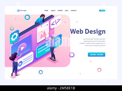 Team of specialists is working on the creation of web design. Concept of teamwork. 3d isometric. Landing page concepts and web design. Stock Vector