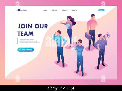 Isometric bright concept we are looking for new people to our team. Template Landing page. Stock Vector