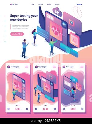 Isometric Website Template Landing page bright concept the team is testing a new device, the smartwatch. Stock Vector