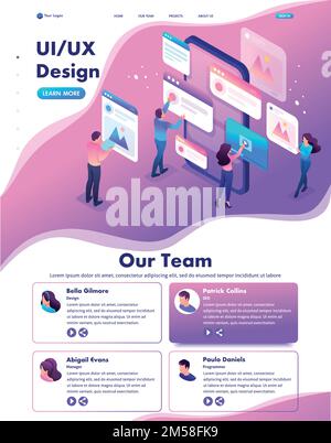 Isometric Website Template Landing page bright concept the process of creating an application design, UI UX. Stock Vector