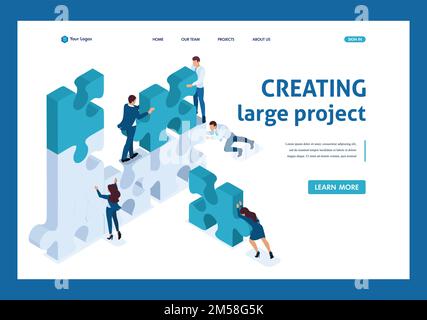 Isometric young entrepreneurs team working on the creation of the project. Template Landing page. Stock Vector