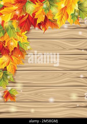 Autumn leaves on the background of wooden boards, maple leaves of bright colors. Vector illustration. Stock Vector