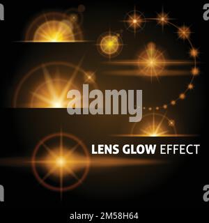 Realistic lens flares and rays flash white orange light on a dark background. Set the template for web design. vector illustrations Stock Vector