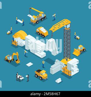 Isometric 3d Building business idea, creative, create. Working people in the construction work. Development plan of the invention. Construction Isomet Stock Vector
