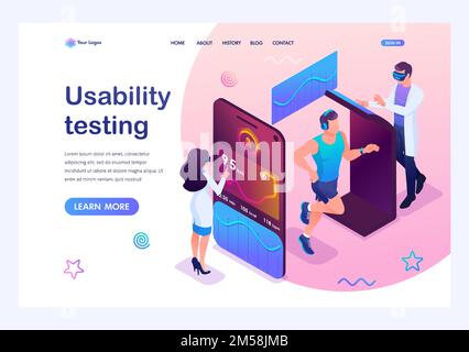 Isometric concept Scientists are testing a mobile app to track an athlete's workout. The athlete runs in training. Landing page template for the site. Stock Vector