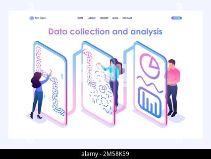 Team of professionals processes data and generates reports for analysis. Data analysis concept. 3d isometric. Landing page concepts and web design. Stock Vector