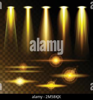 Set realistic yellow light shining bright glare of lamps, a set of various shapes and projections on a dark background. Abstract vector illustration. Stock Vector