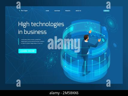 Isometric high technology in business, a businessman working on a virtual screen. Template landing page. Stock Vector