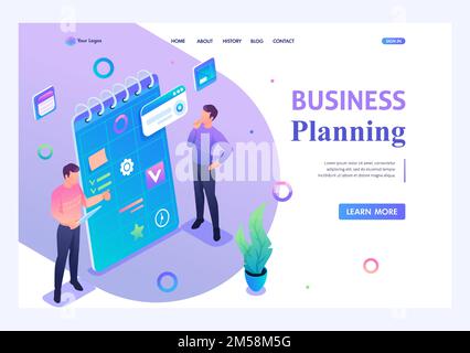 Young people are engaged in drawing up a business plan. Concept of modern technology. 3d isometric. Landing page concepts and web design. Stock Vector