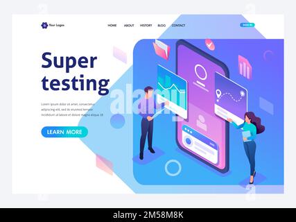 Isometric young people stand near the mobile phone screen, testing the program and mobile application. Template landing page. Stock Vector