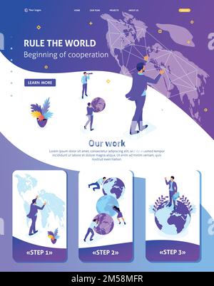 Isometric Website Template Landing page Big businessman running the world, world map. Adaptive 3D. Stock Vector