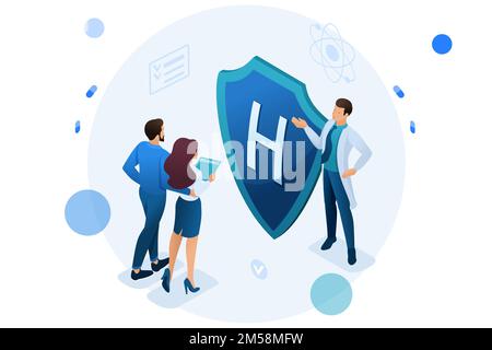 Young doctor offers health insurance to the couple. Concept of health insurance. 3d isometric Concept for web design. Stock Vector