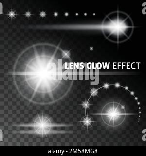Realistic lens flares and rays flash white orange light on a dark background. Set the template for web design. vector illustrations Stock Vector