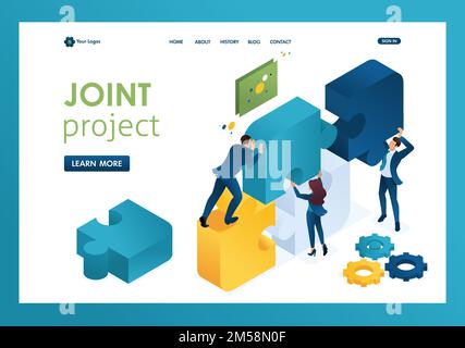 Isometric business joint project of a big team, teamwork, brainstorming. Template landing page. Stock Vector