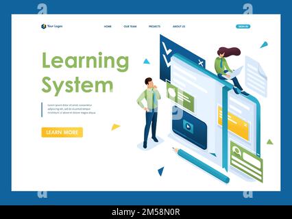 Young people are engaged in self-education, online training. Concept of teaching people. 3d isometric. Landing page concepts and web design. Stock Vector