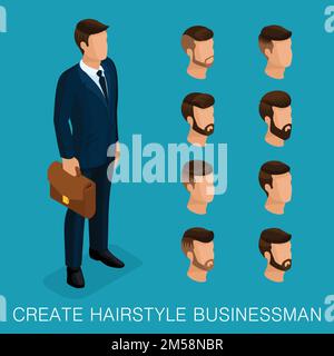 Popular isometric qualitative study, a set of men's hairstyles, hipster style. Fashion Styling, beard, mustache. Stylish modern young businessman. Vec Stock Vector