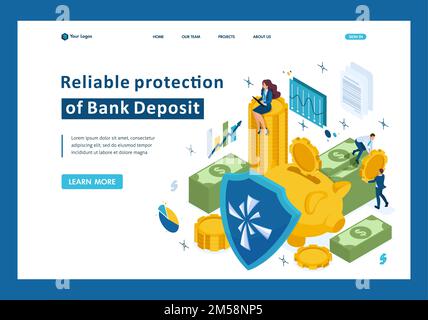 Isometric reliable protection of your money, bank deposit, security. Template Landing page. Stock Vector