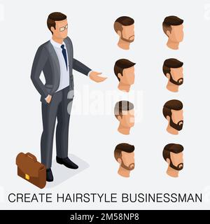 Trendy isometric set 9, qualitative study, a set of men's hairstyles, hipster style. Fashion Styling, beard, mustache. The style of today's young busi Stock Vector