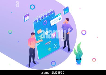 Young people are engaged in drawing up a business plan. Concept of modern technology. 3d isometric Concept for web design. Stock Vector