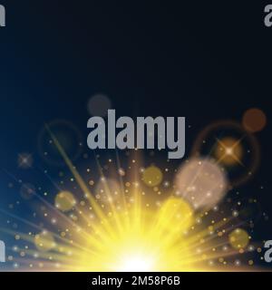 Magic lights on a blue background transparent. Solar glow, lens effect, the solar flare. Bright design. Vector illustration. Stock Vector