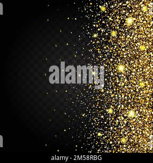 Effect of flying from the side of the gold luster luxury design rich background. Dark background. Stardust spark the explosion on a transparent backgr Stock Vector