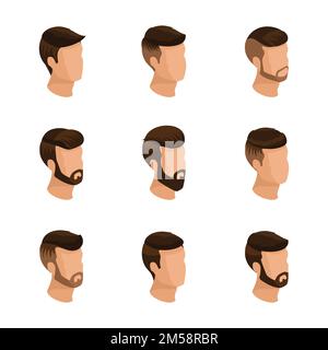 Popular isometrics, men's hairstyles, hipster style. Laying, beard, mustache. Modern, stylish hairstyle, young people, fashion business, isolated. Vec Stock Vector