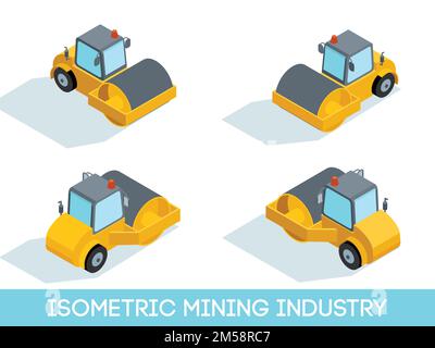 Isometric 3D mining industry icons set 3 image of mining equipment and vehicles isolated vector illustration. Stock Vector