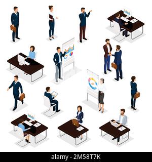 Business people isometric set of men and women in the office business suits isolated on a white background. Vector illustration. Stock Vector