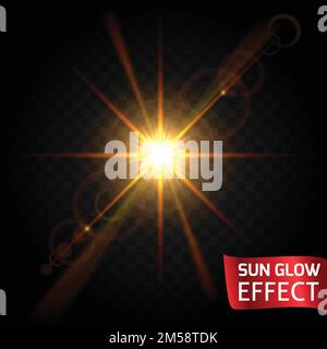 Sun glow effect set on a dark background transparent. Sunrise, sunset, the rays of glare glow. Bright flowing scattering light. Vector illustration. Stock Vector