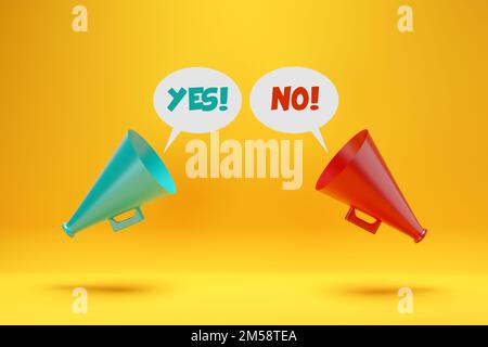 The dilemma, argument, opposition or discussion between the positive and negative. Two megaphones opposed to each other with speech bubbles with the w Stock Photo