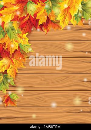 Autumn leaves on the background of wooden boards, maple leaves decorative design template set. Vector illustration. Stock Vector