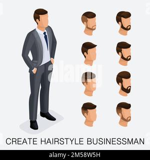 Trendy isometric set 6, qualitative study, a set of men's hairstyles, hipster style. Fashion Styling, beard, mustache. The style of today's young busi Stock Vector