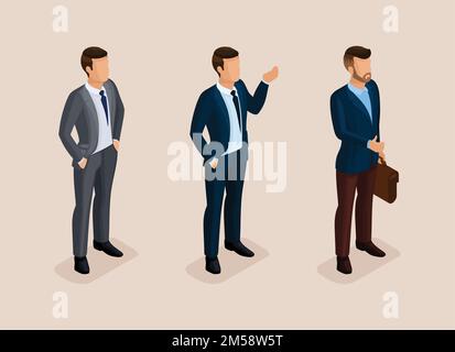 Isometric quality people with the study of details. Set business hipsters hairstyle, beard, mustache. Style modern businessman commits acts. Vector il Stock Vector