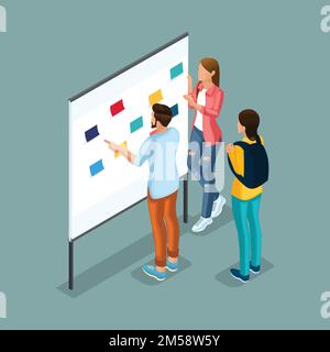 Set Trendy isometric people. Creative people working in co working office, modern gadgets. Freelancers stylish hairstyles and clothes isolated on whit Stock Vector