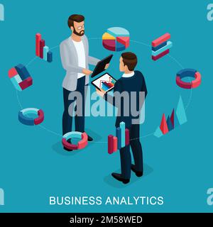 Isometric Business Analyst, male businessman, concept planning. Young businessman stylish hairstyle business clothes, work on modern systems, tablet w Stock Vector