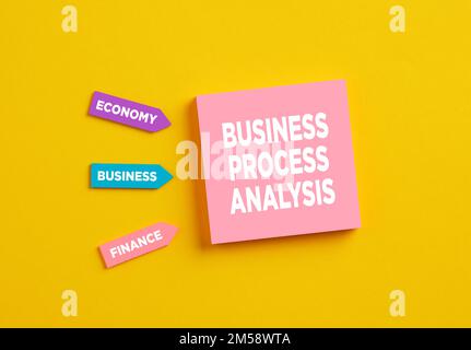 The word business process analysis on pink note paper. Process Action Organization Business System Concept. Stock Photo