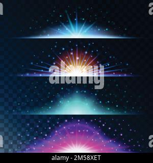 Set realistic lighting effects. Glowing star. Light and glitter on a transparent background. Shining blue border magical balls. Abstract vector illust Stock Vector
